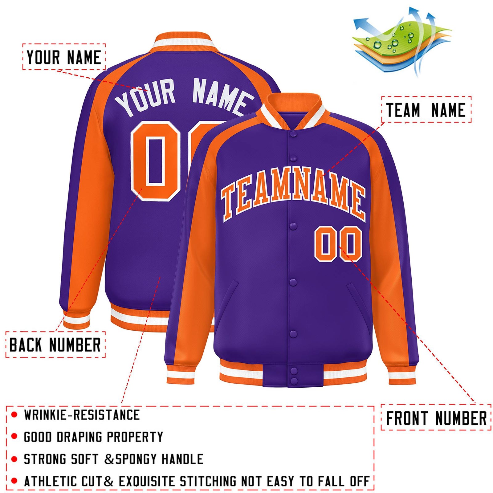 Custom Purple Orange Varsity Full-Snap Color Block Personalized Raglan Sleeves Letterman Jacket