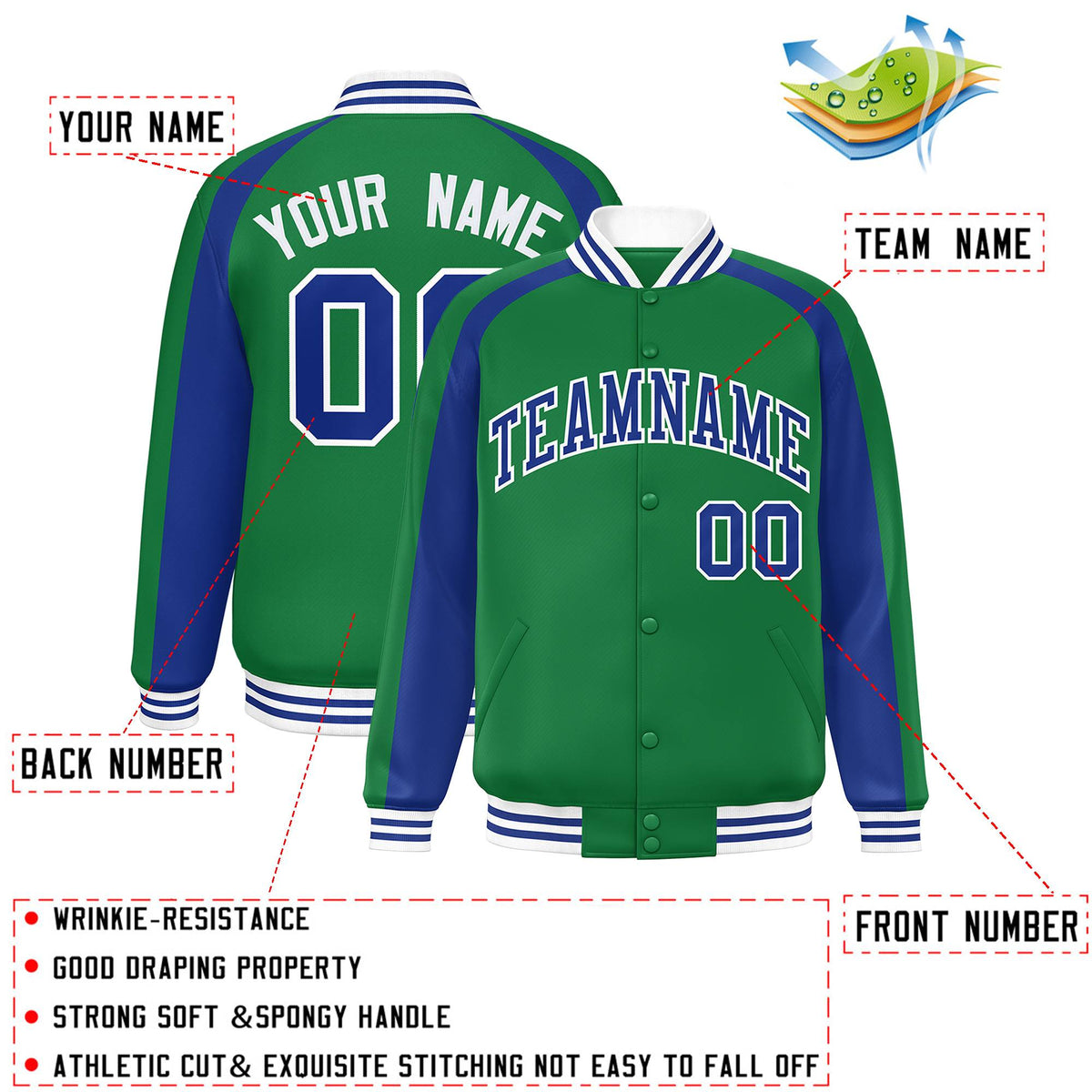 Custom Kelly Green Royal Varsity Full-Snap Color Block Personalized Raglan Sleeves Letterman Jacket