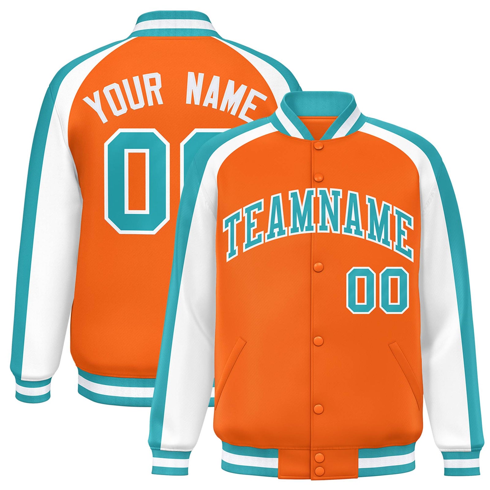 Custom Orange White Varsity Full-Snap Color Block Personalized Raglan Sleeves Letterman Jacket