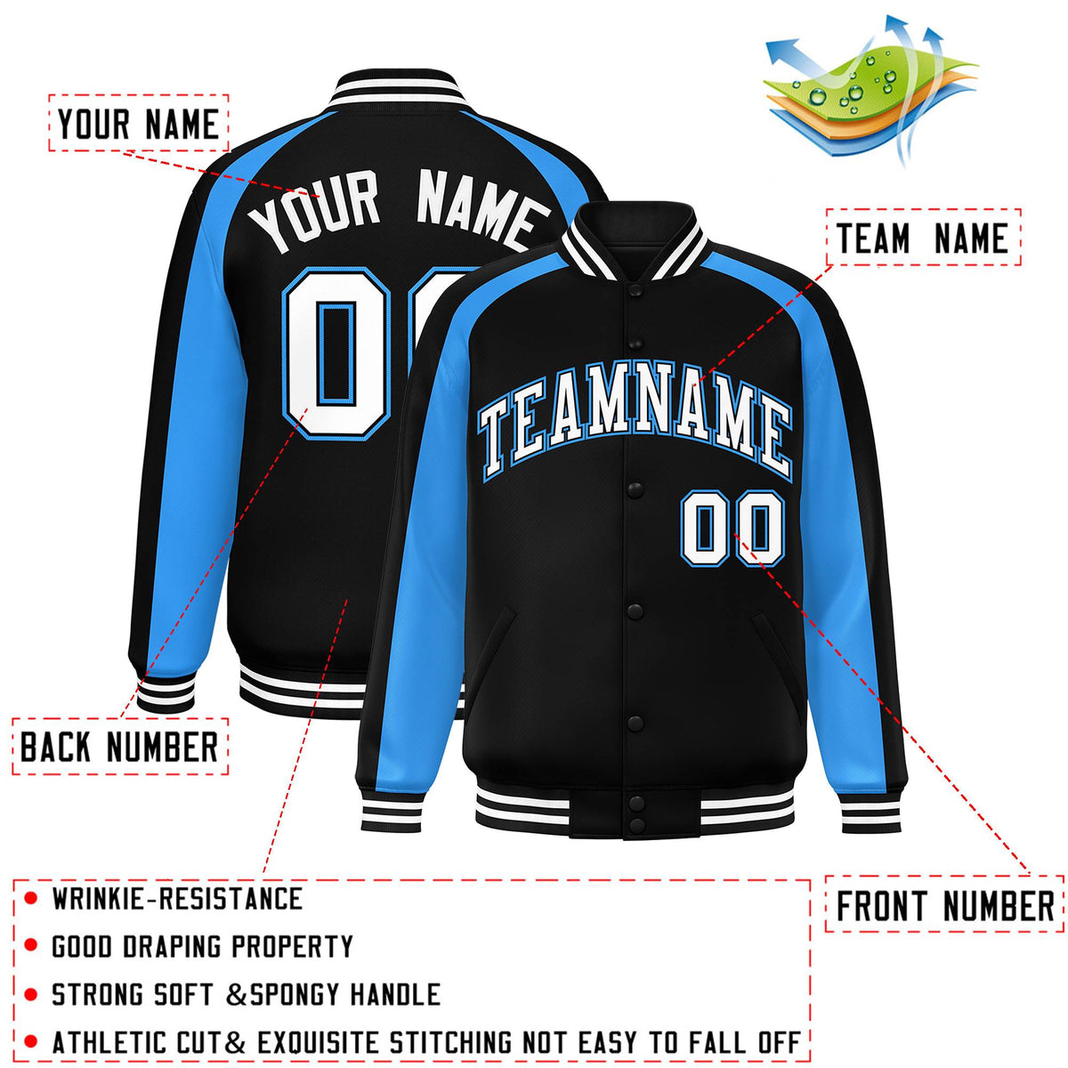 Custom Black Powder Blue Varsity Full-Snap Color Block Personalized Raglan Sleeves Letterman Jacket