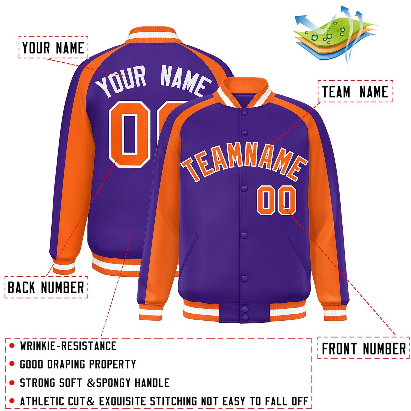 Custom Purple Orange Varsity Full-Snap Color Block Personalized Raglan Sleeves Letterman Jacket