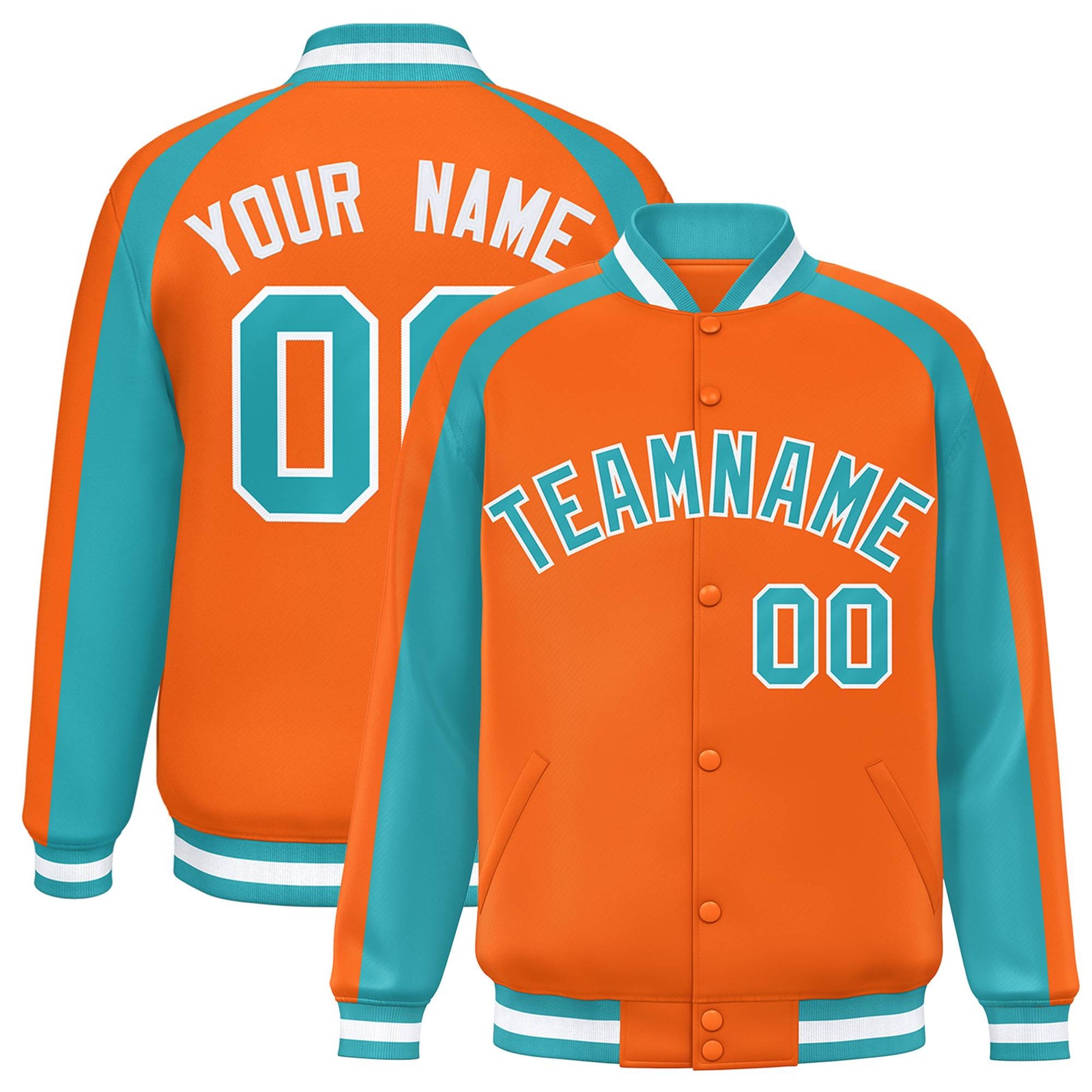 Custom Orange Aqua Varsity Full-Snap Color Block Personalized Raglan Sleeves Letterman Jacket
