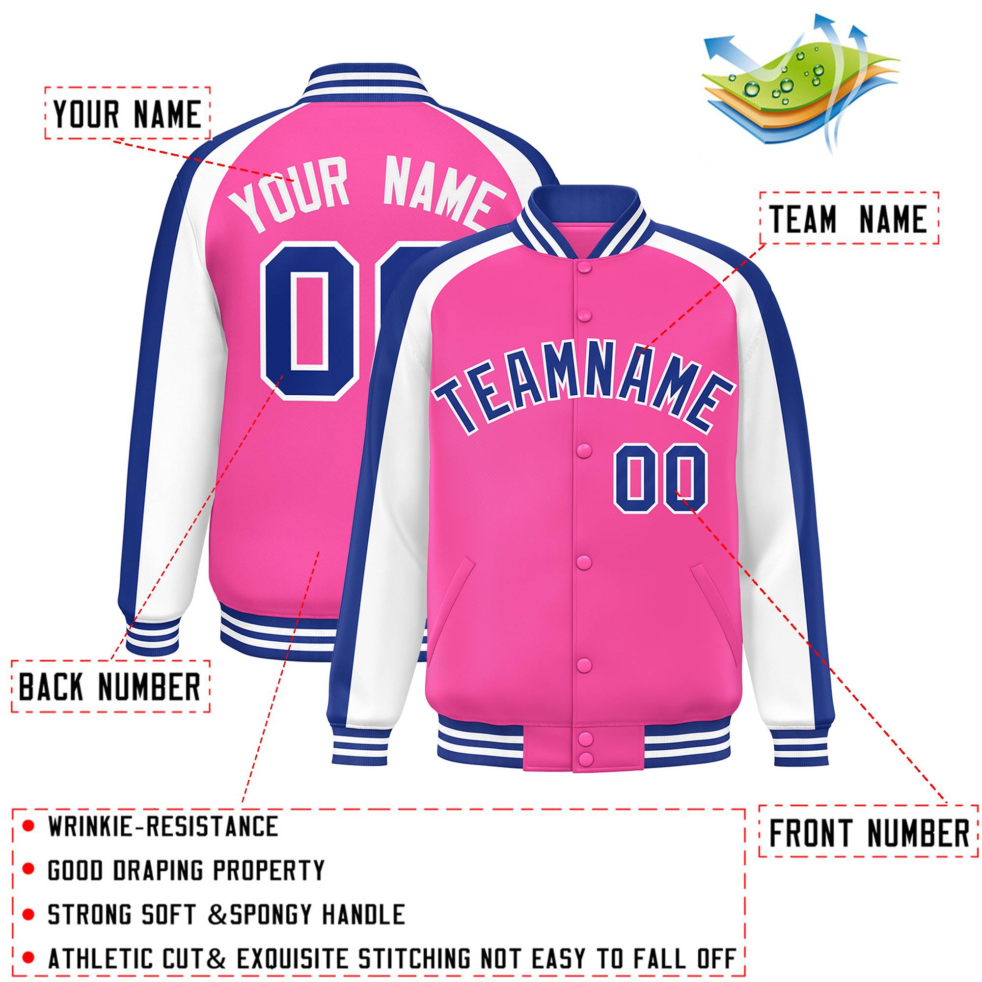 Custom Pink White Varsity Full-Snap Color Block Personalized Raglan Sleeves Letterman Jacket