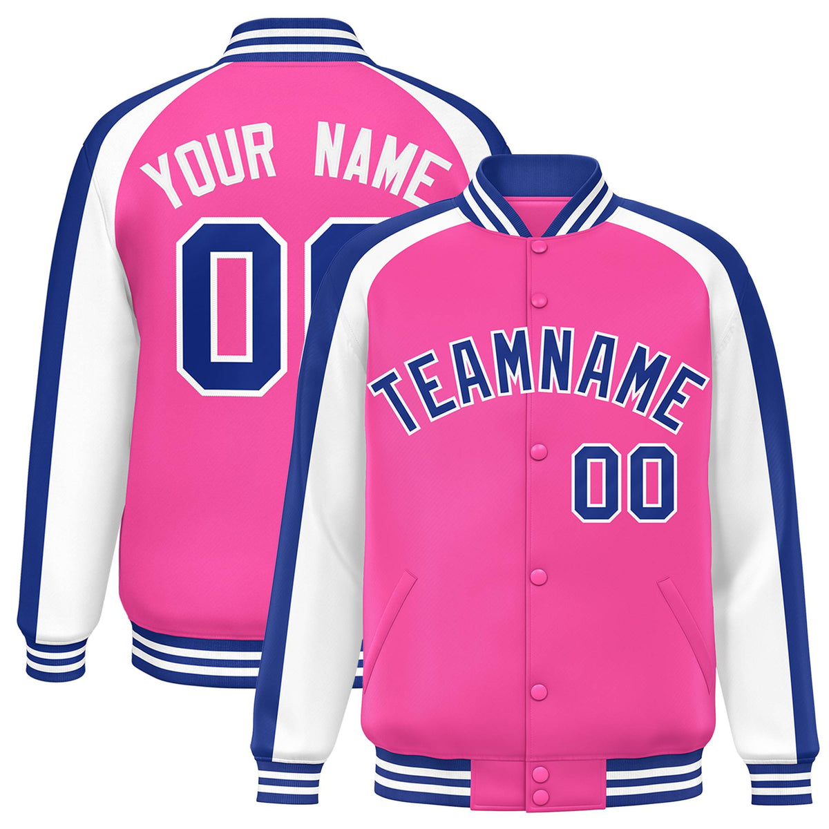 Custom Pink White Varsity Full-Snap Color Block Personalized Raglan Sleeves Letterman Jacket