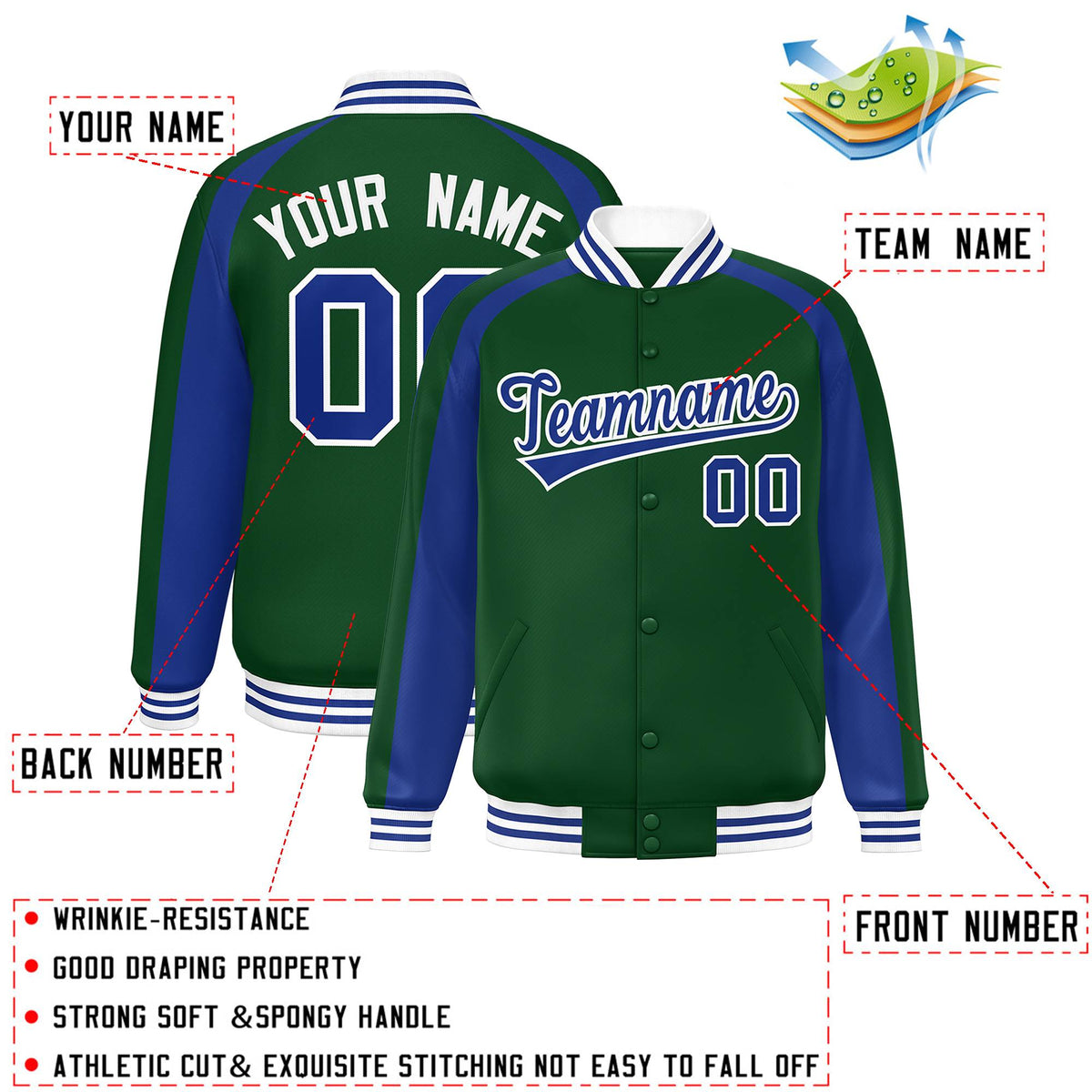Custom Green Royal Varsity Full-Snap Color Block Personalized Raglan Sleeves Letterman Jacket