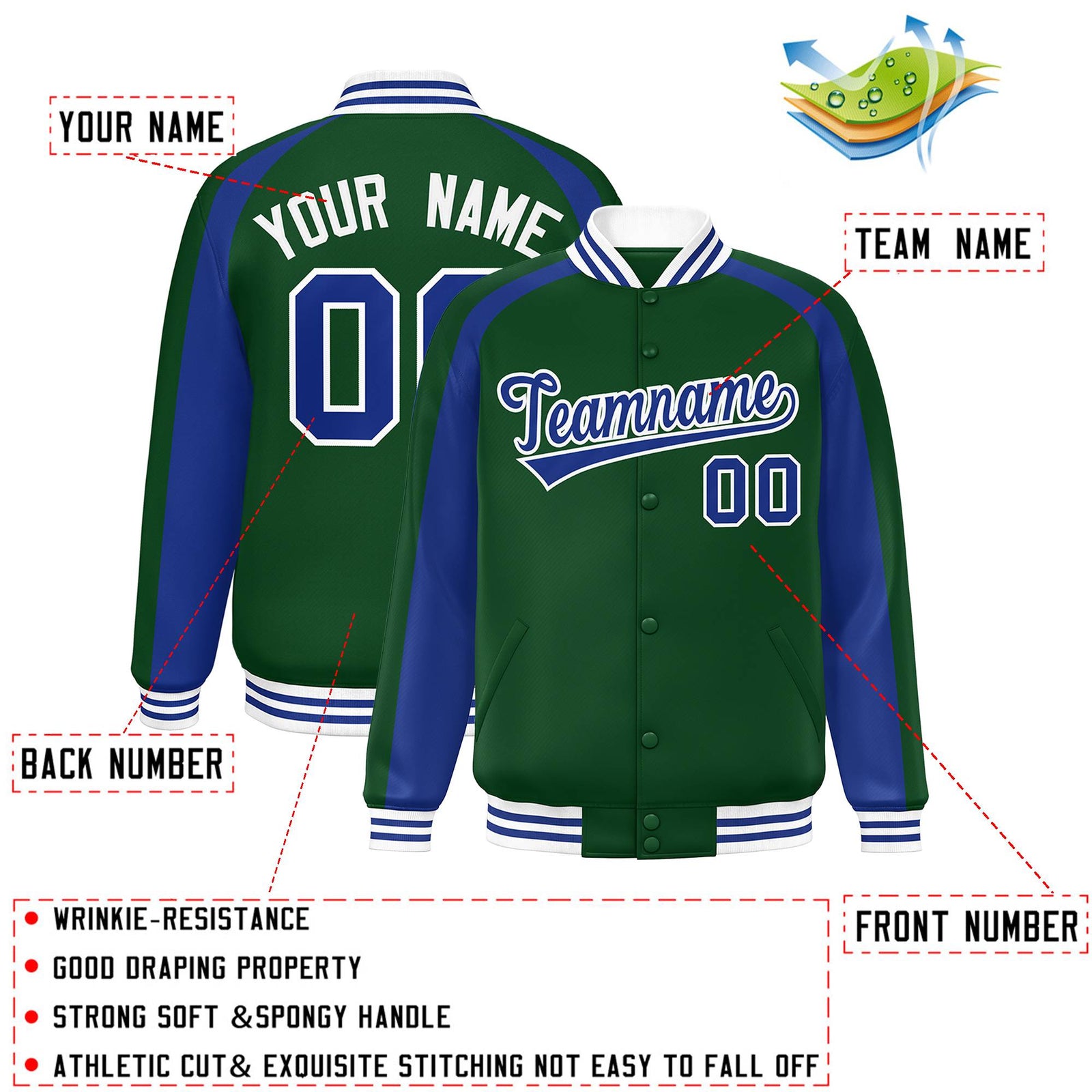 Custom Green Royal Varsity Full-Snap Color Block Personalized Raglan Sleeves Letterman Jacket