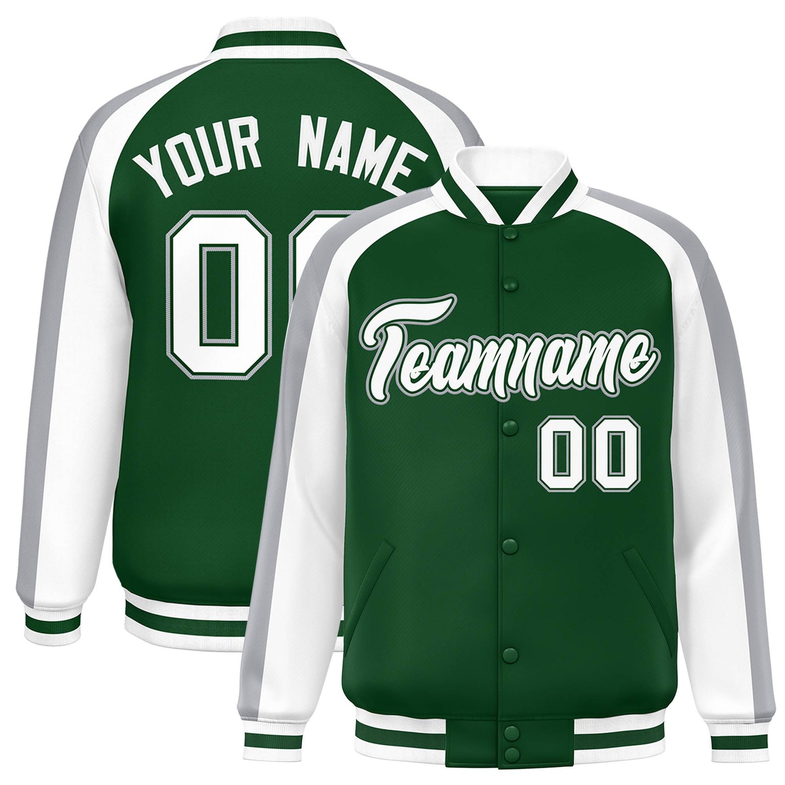 Custom Green White Varsity Full-Snap Color Block Personalized Raglan Sleeves Letterman Jacket