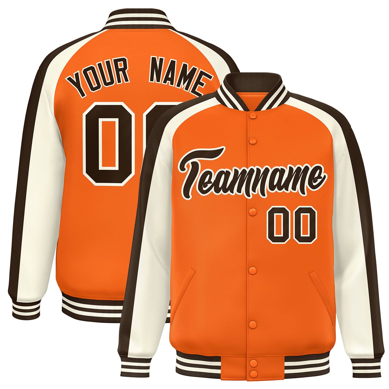 Custom Orange Cream Varsity Full-Snap Color Block Personalized Raglan Sleeves Letterman Jacket