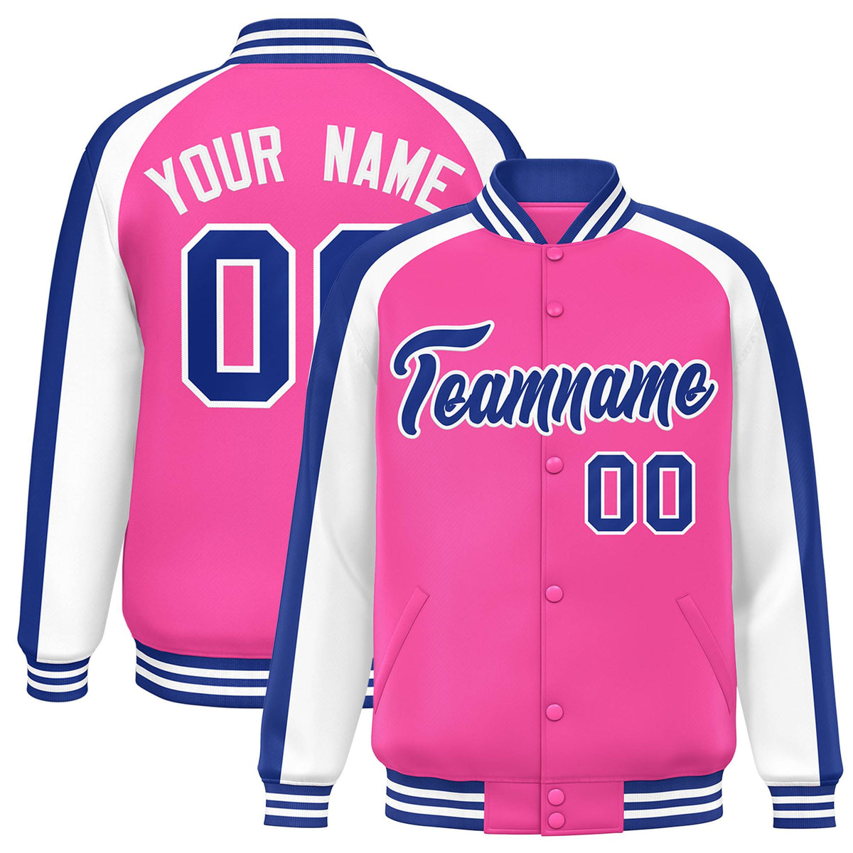 Custom Pink White Varsity Full-Snap Color Block Personalized Raglan Sleeves Letterman Jacket