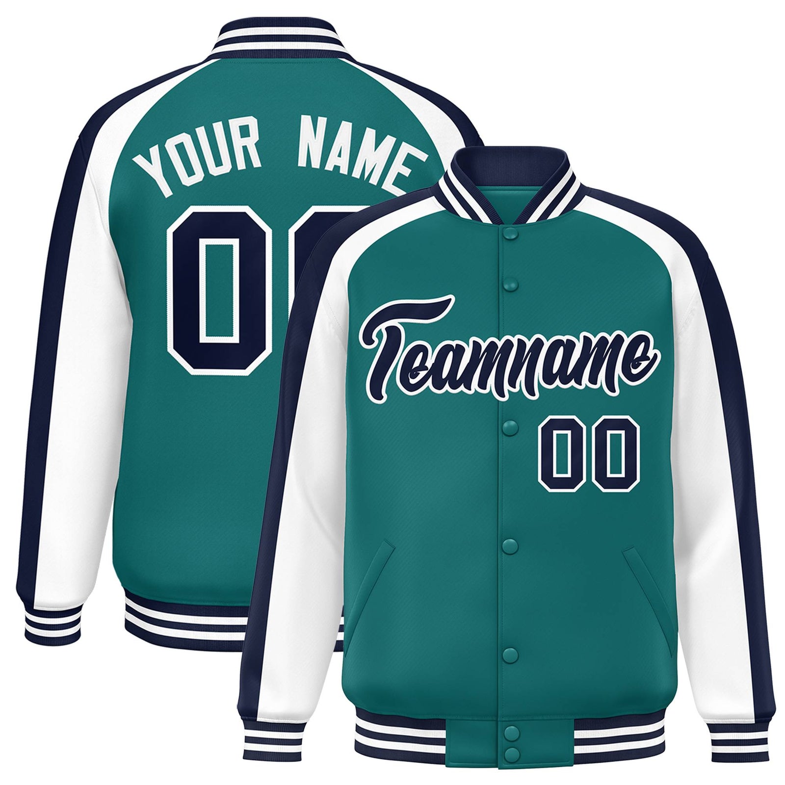 Custom Aqua White Varsity Full-Snap Color Block Personalized Raglan Sleeves Letterman Jacket