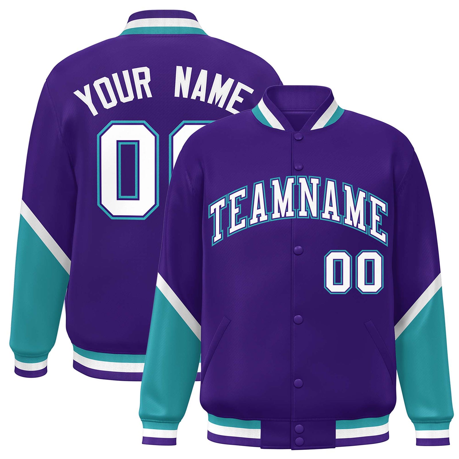 Custom Purple Aqua Varsity Full-Snap Color Block Letterman Baseball Jacket