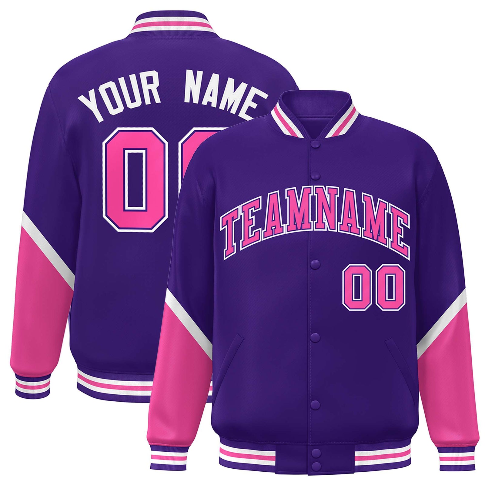Custom Purple Pink Varsity Full-Snap Color Block Letterman Baseball Jacket