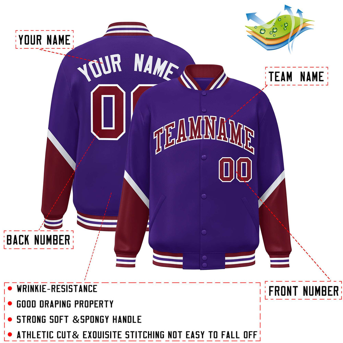 Custom Purple Crimson Varsity Full-Snap Color Block Letterman Baseball Jacket