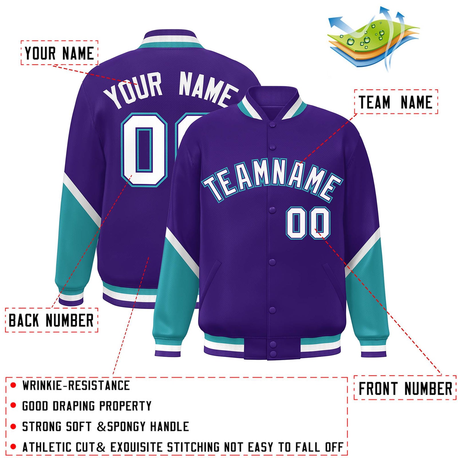 Custom Purple Aqua Varsity Full-Snap Color Block Letterman Baseball Jacket