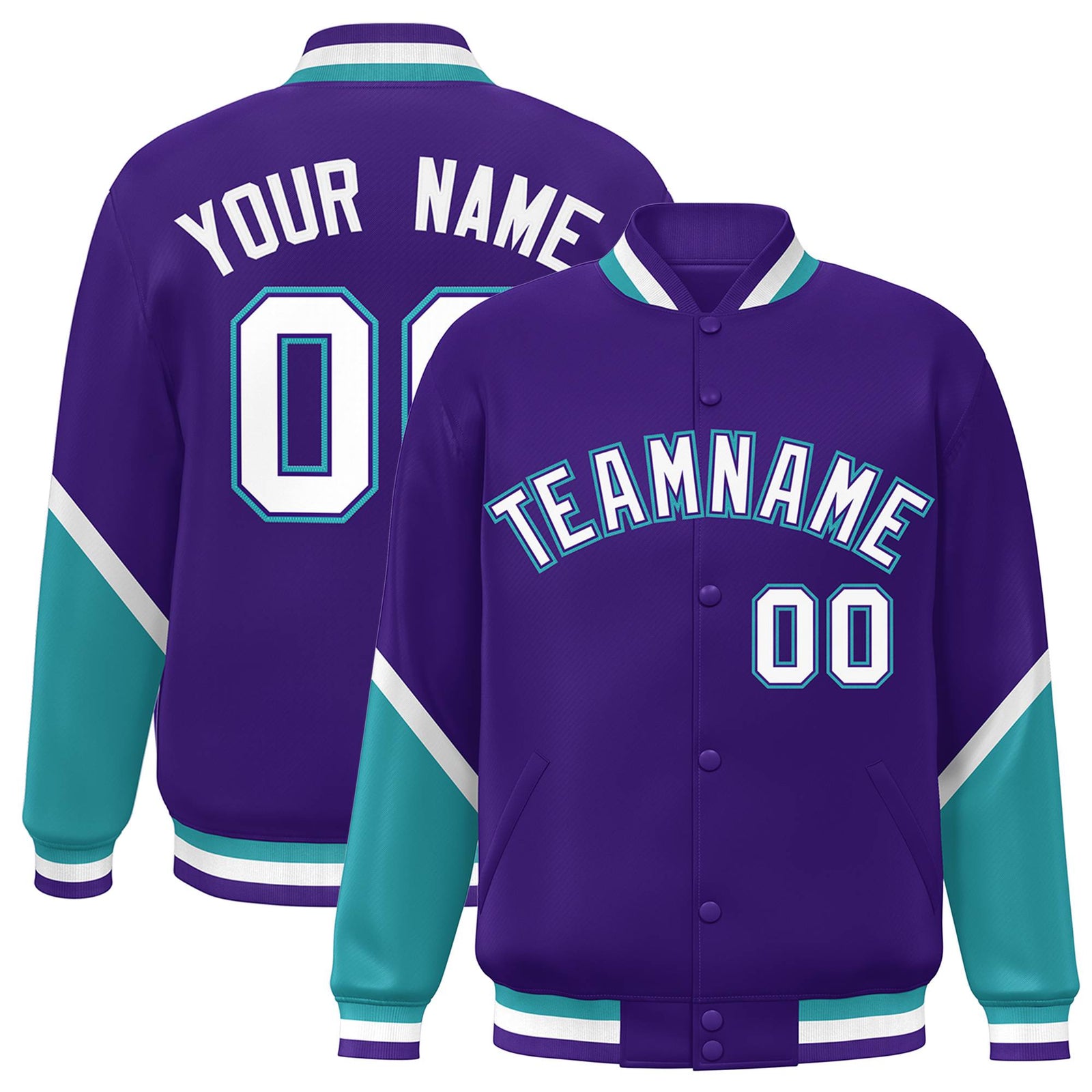 Custom Purple Aqua Varsity Full-Snap Color Block Letterman Baseball Jacket