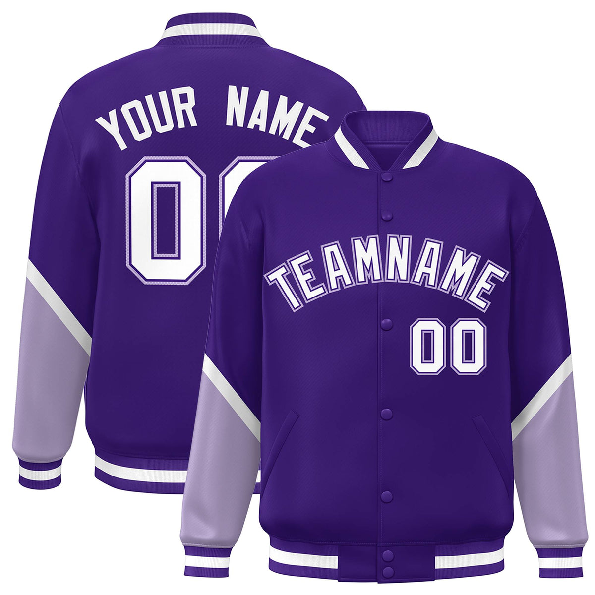Custom Purple Light Purple Varsity Full-Snap Color Block Letterman Baseball Jacket