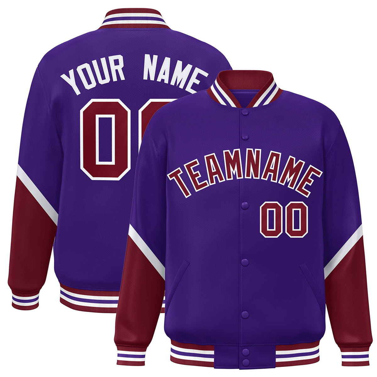 Custom Purple Crimson Varsity Full-Snap Color Block Letterman Baseball Jacket