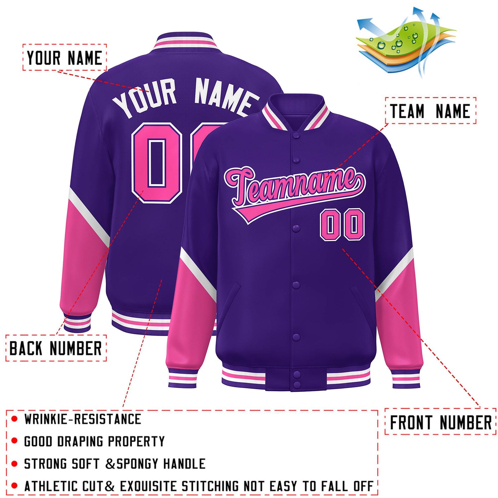 Custom Purple Pink Varsity Full-Snap Color Block Letterman Baseball Jacket