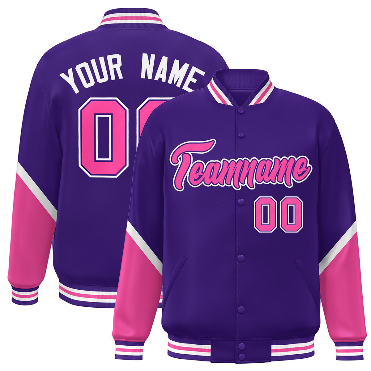 Custom Purple Pink Varsity Full-Snap Color Block Letterman Baseball Jacket