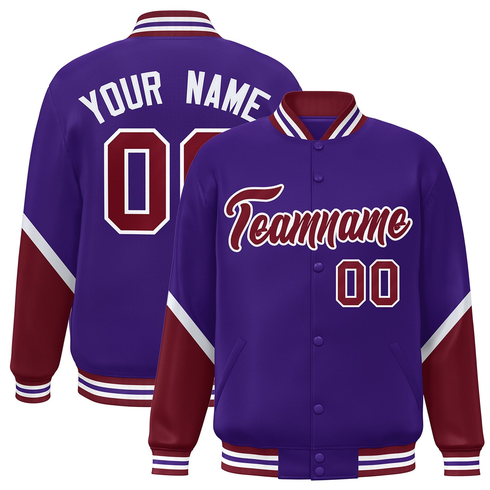 Custom Purple Crimson Varsity Full-Snap Color Block Letterman Baseball Jacket