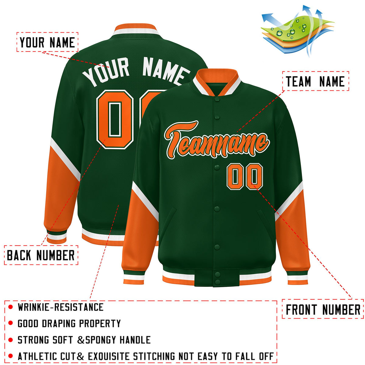 Custom Green Orange Varsity Full-Snap Color Block Letterman Baseball Jacket