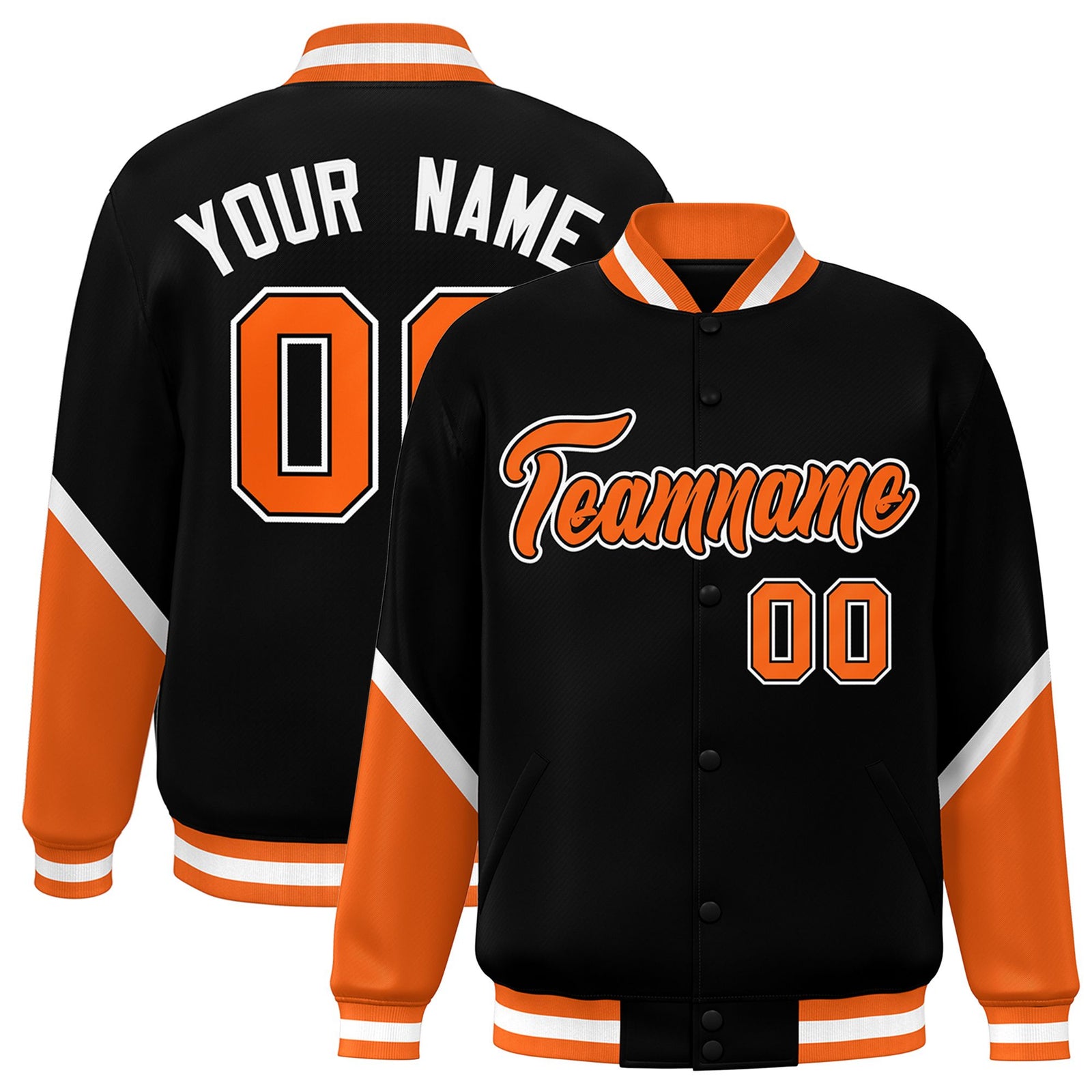 Custom Black Orange Varsity Full-Snap Color Block Letterman Baseball Jacket