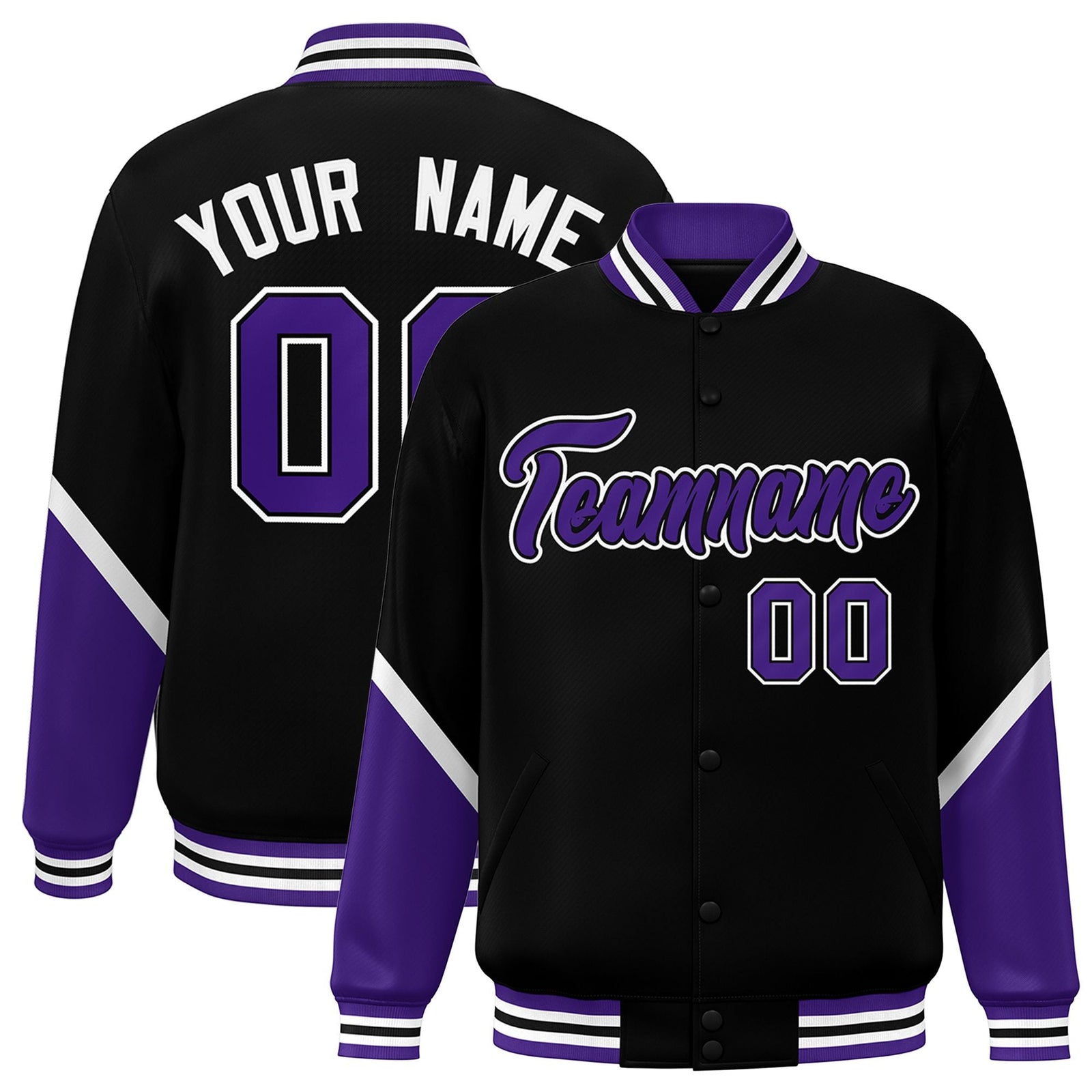 Custom Black Purple Varsity Full-Snap Color Block Letterman Baseball Jacket