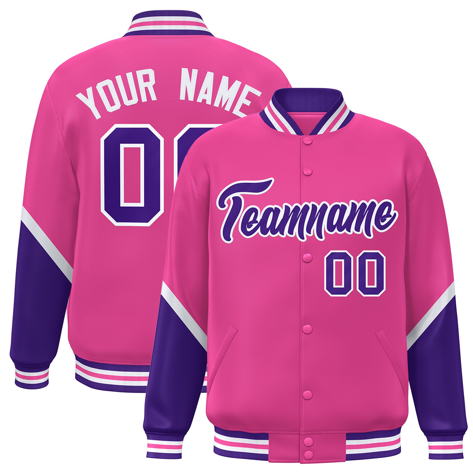 Custom Pink Purple Varsity Full-Snap Color Block Letterman Baseball Jacket