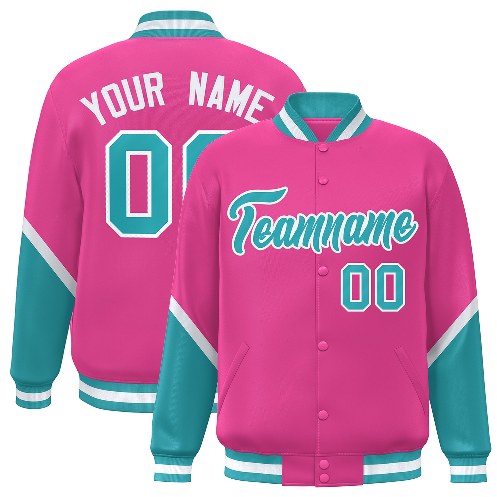 Custom Pink Aqua Varsity Full-Snap Color Block Letterman Baseball Jacket