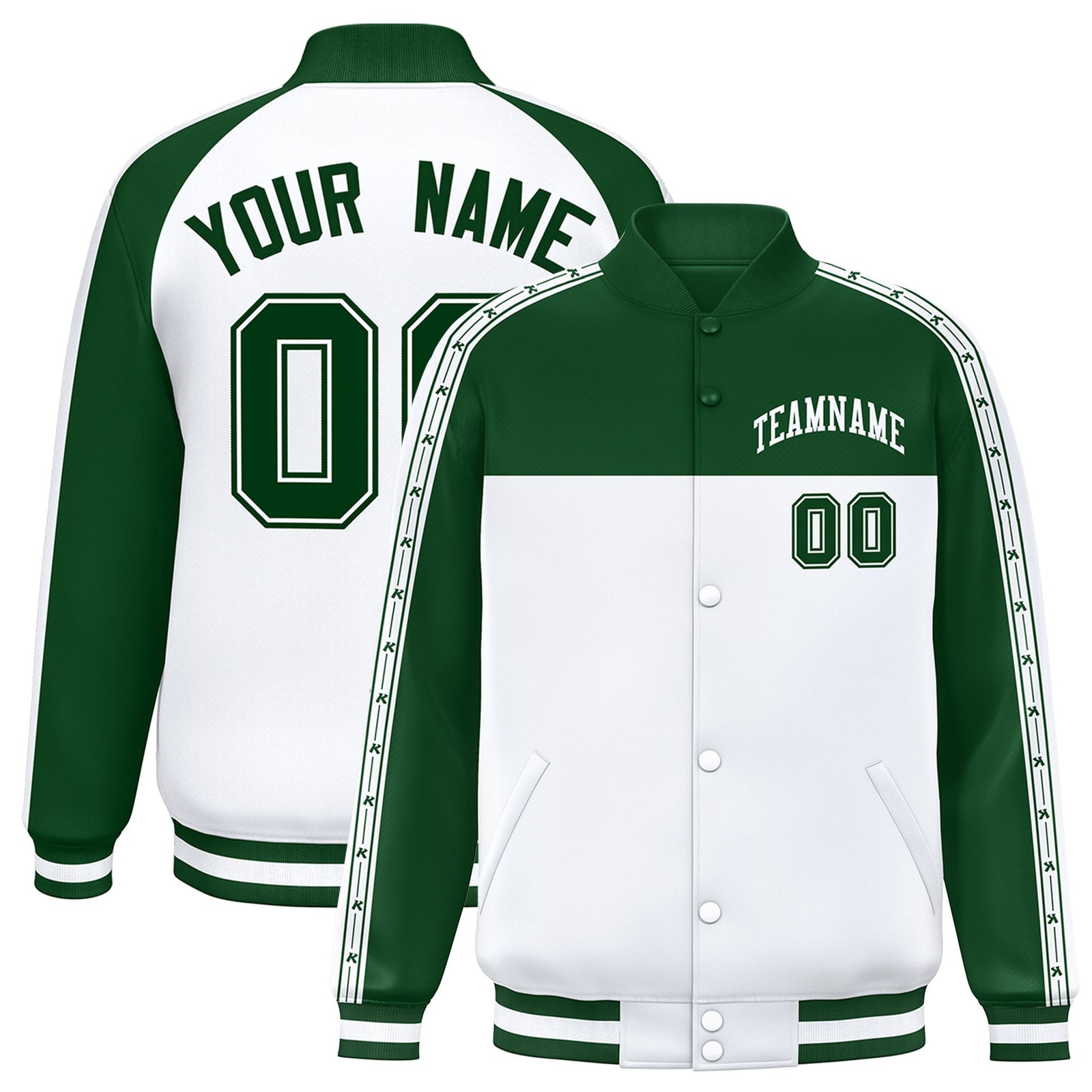 Custom Green White K-Ribbon Raglan Sleeves Varsity Full-Snap Color Block Letterman Jacket