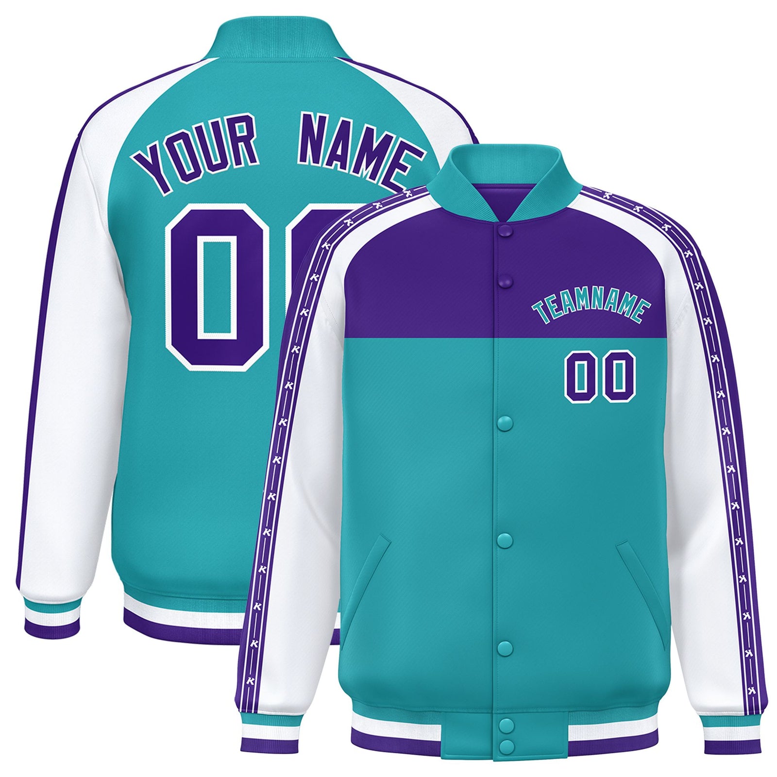 Custom Purple Aqua K-Ribbon Raglan Sleeves Varsity Full-Snap Color Block Letterman Jacket