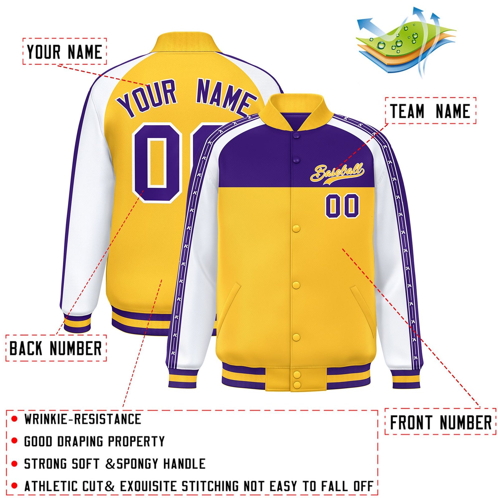 Custom Purple Gold K-Ribbon Raglan Sleeves Varsity Full-Snap Color Block Letterman Jacket