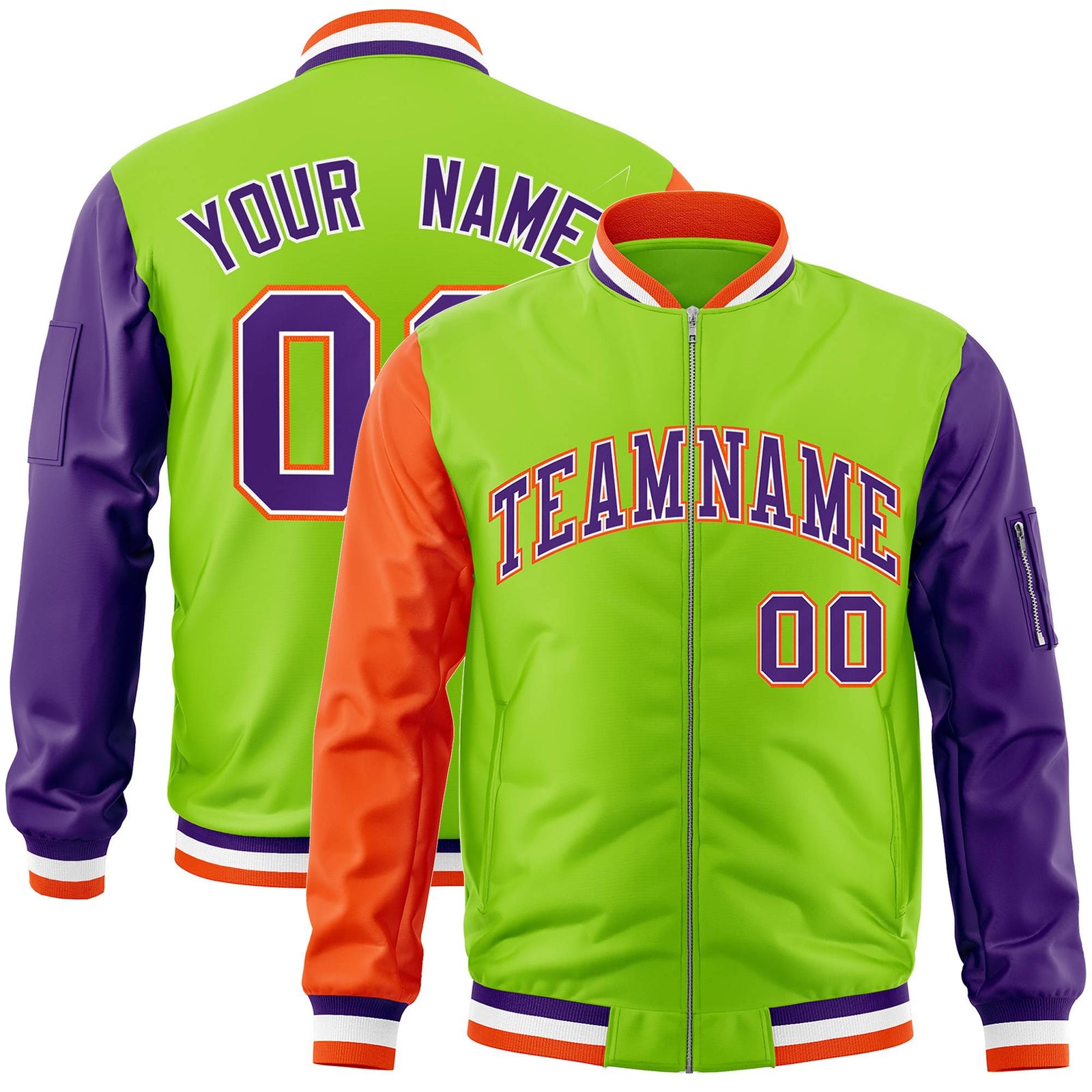 Custom Neon Green Purple-Orange Varsity Full-Zip Raglan Sleeves Letterman Bomber Jacket
