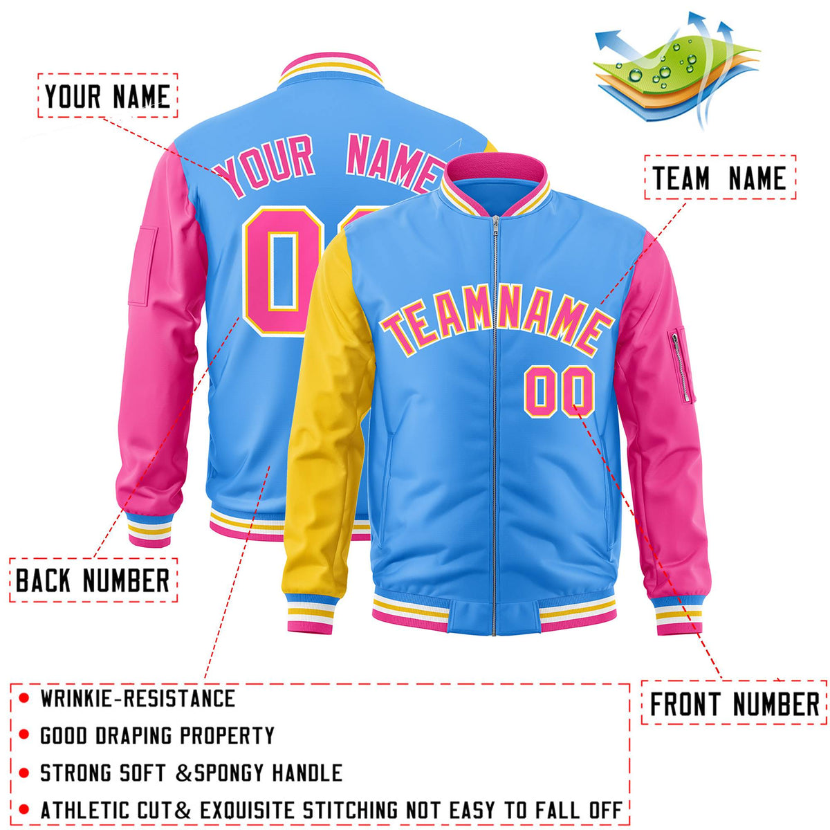 Custom Powder Blue Pink-Gold Varsity Full-Zip Raglan Sleeves Letterman Bomber Jacket