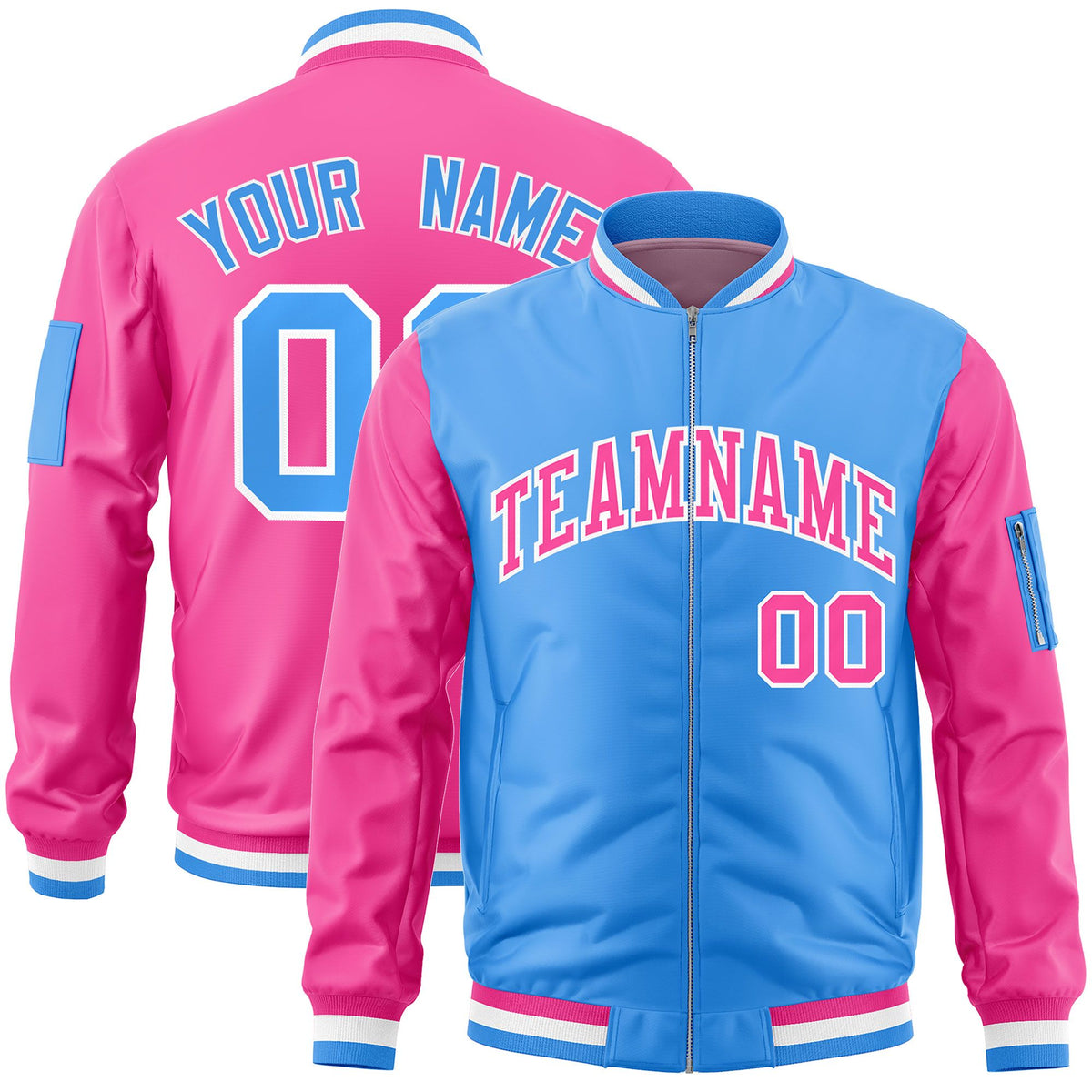 Custom Powder Blue Pink Varsity Full-Zip Two-Tone Letterman Bomber Jacket