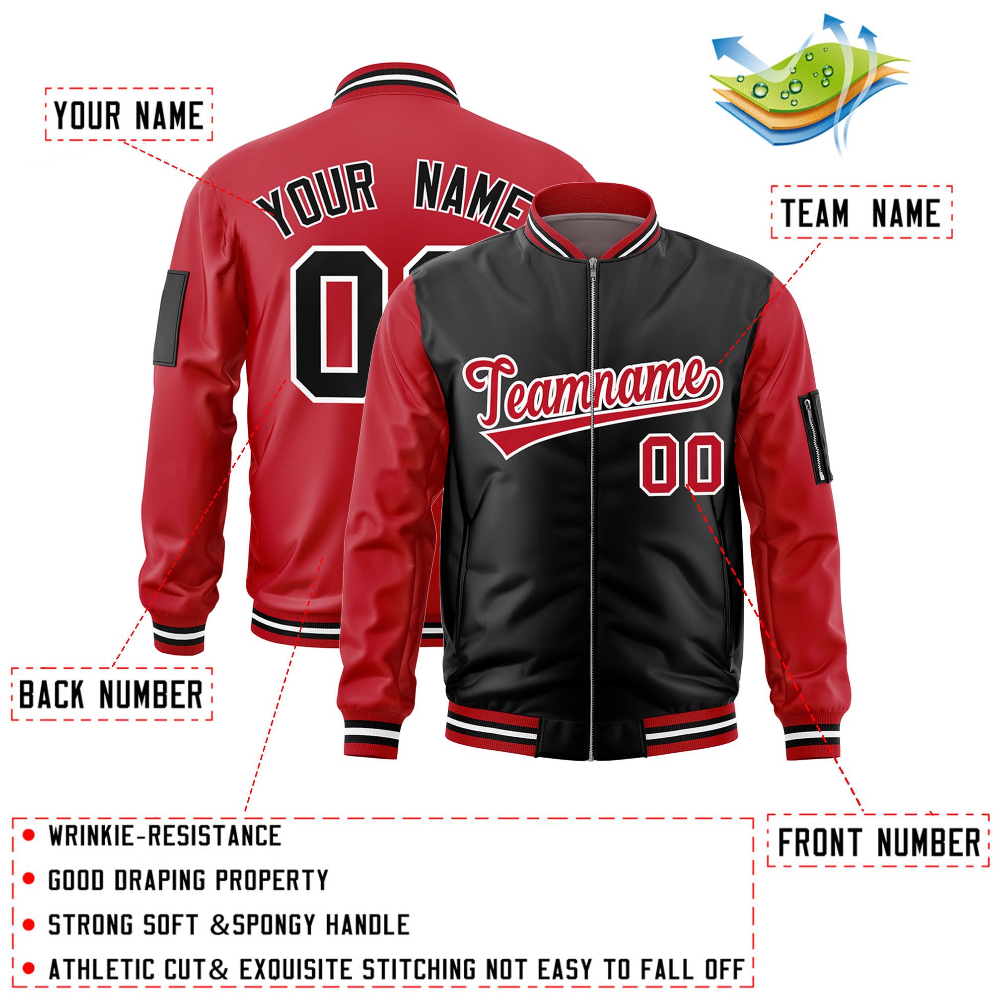 Custom Black Red Varsity Full-Zip Two-Tone Letterman Bomber Jacket