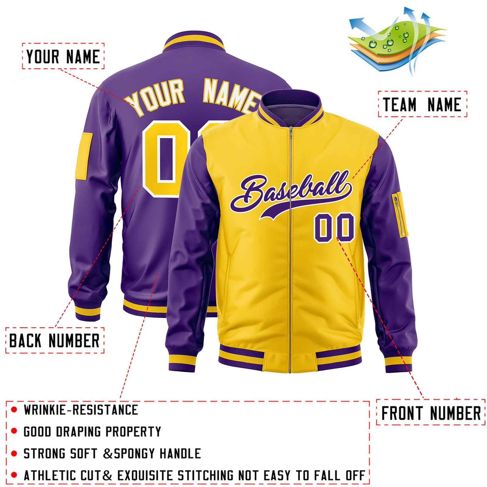 Custom Gold Purple Varsity Full-Zip Two-Tone Letterman Bomber Jacket