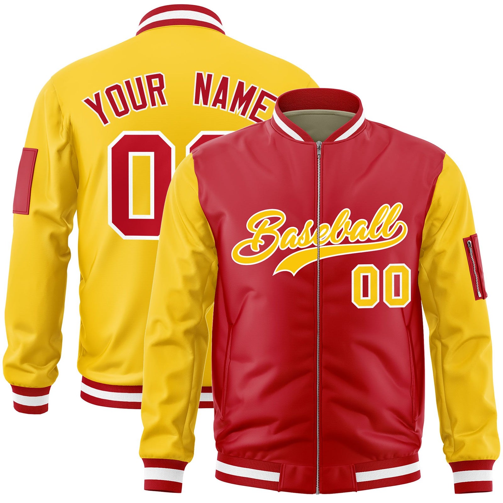 Custom Red Gold Varsity Full-Zip Two-Tone Letterman Bomber Jacket