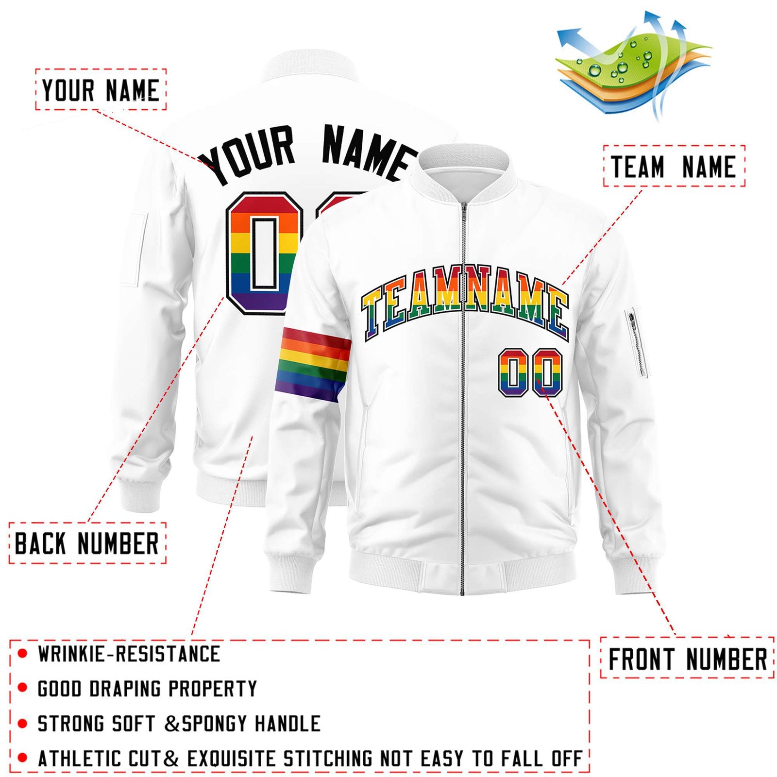 Custom White LGBT Rainbow For Pride Month Classic Style Letterman Bomber Jacket