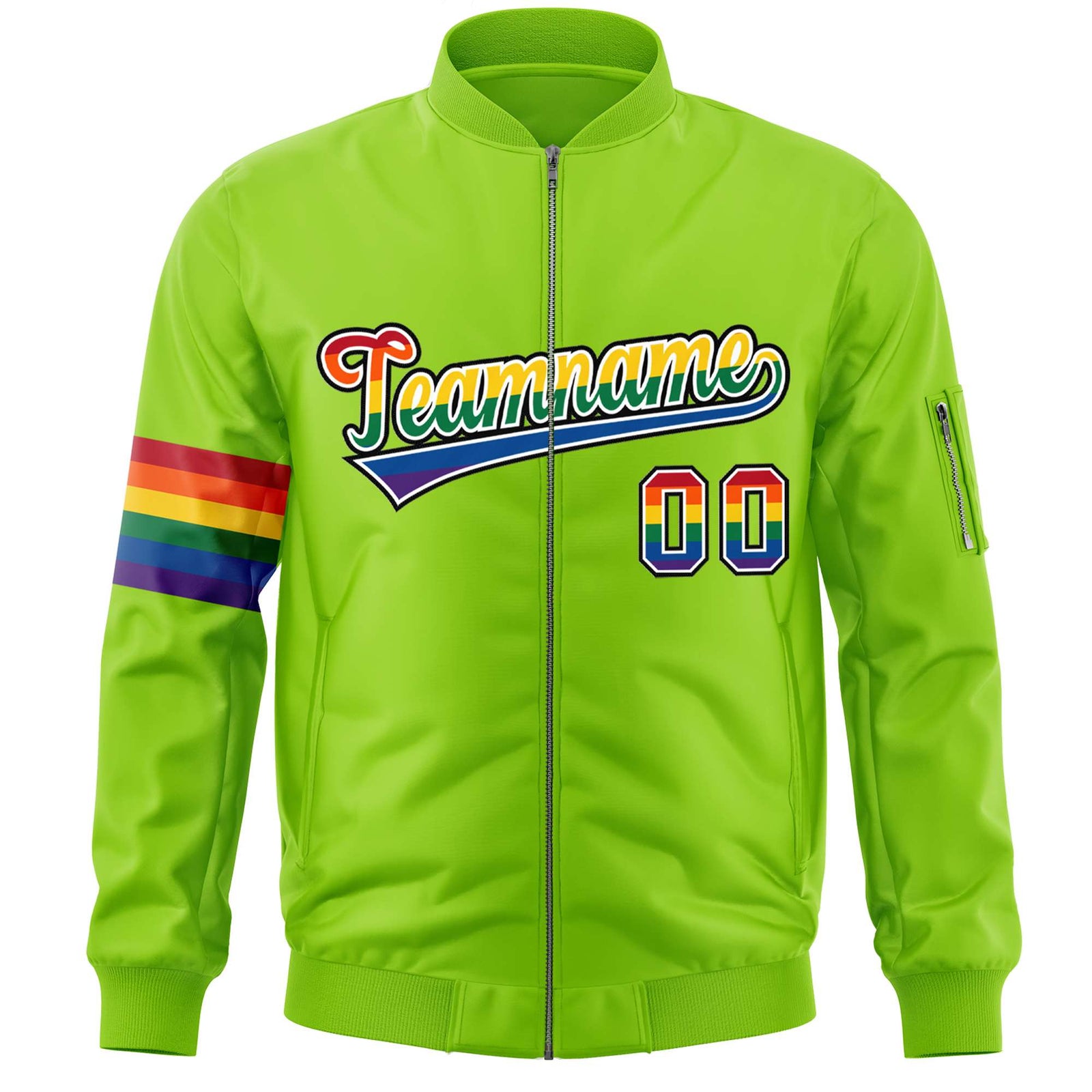Custom Neon Green LGBT Rainbow For Pride Month Classic Style Letterman Bomber Jacket