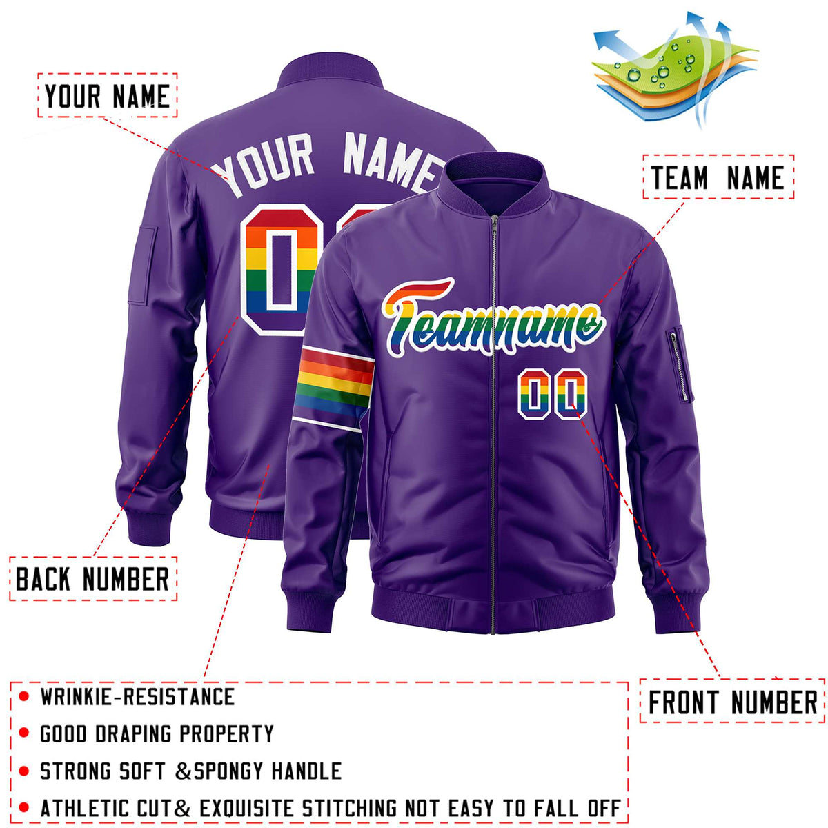 Custom Purple LGBT Rainbow For Pride Month Classic Style Letterman Bomber Jacket