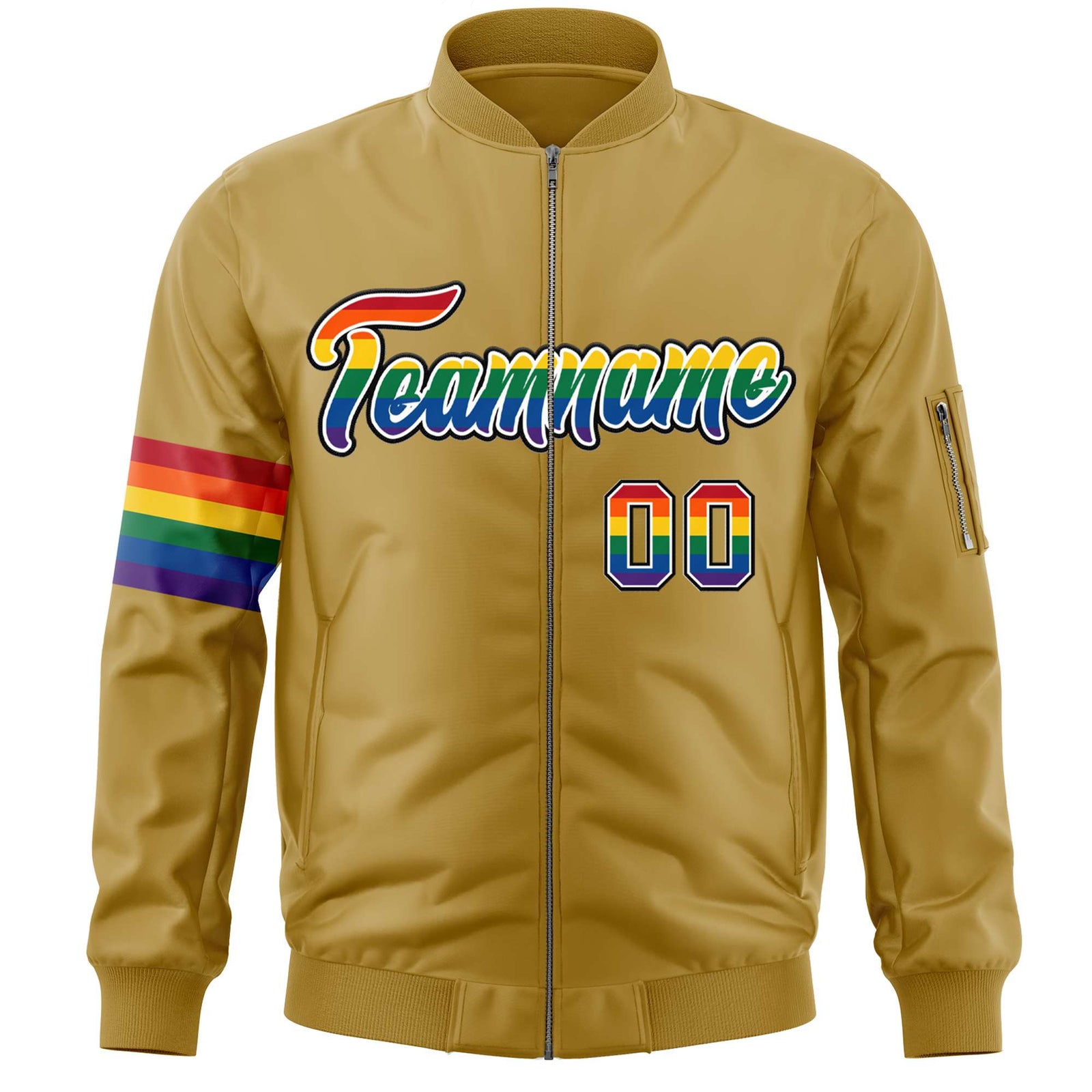 Custom Old Gold LGBT Rainbow For Pride Month Classic Style Letterman Bomber Jacket