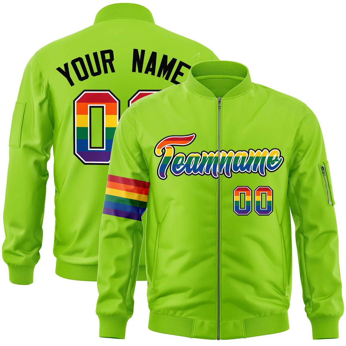 Custom Neon Green LGBT Rainbow For Pride Month Classic Style Letterman Bomber Jacket