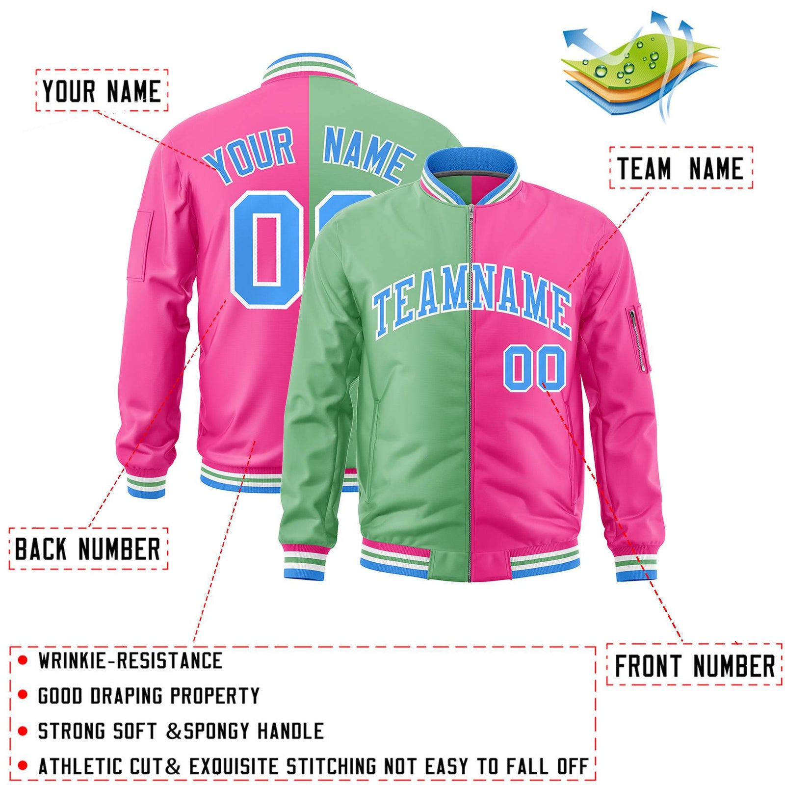 Custom Light Green Pink Split Varsity Full-Zip Two Tone Letterman Bomber Jacket