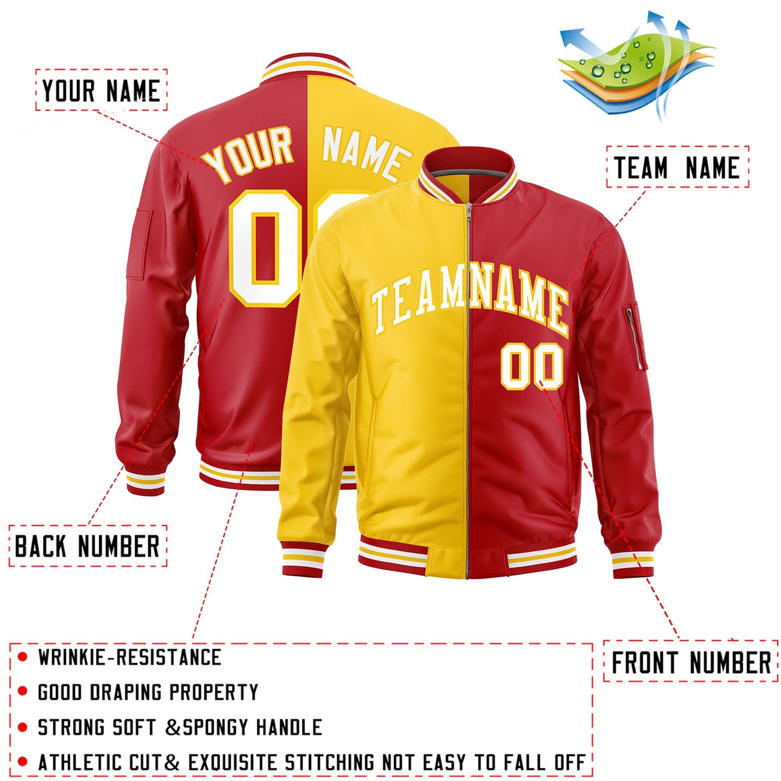 Custom Gold Red Split Varsity Full-Zip Two Tone Letterman Bomber Jacket