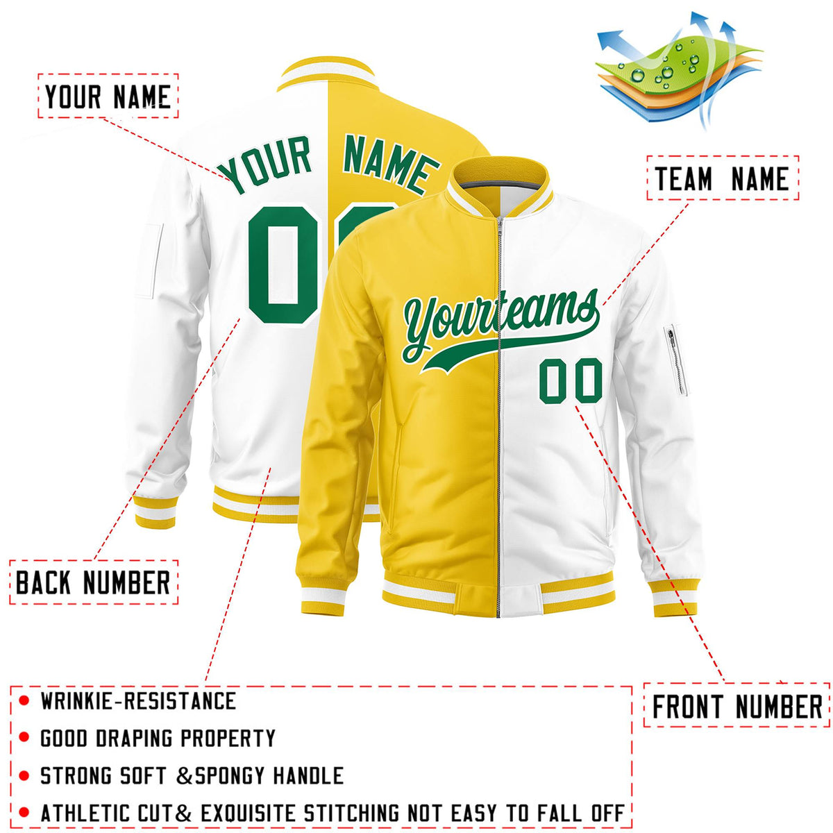 Custom Gold White Split Varsity Full-Zip Two Tone Letterman Bomber Jacket