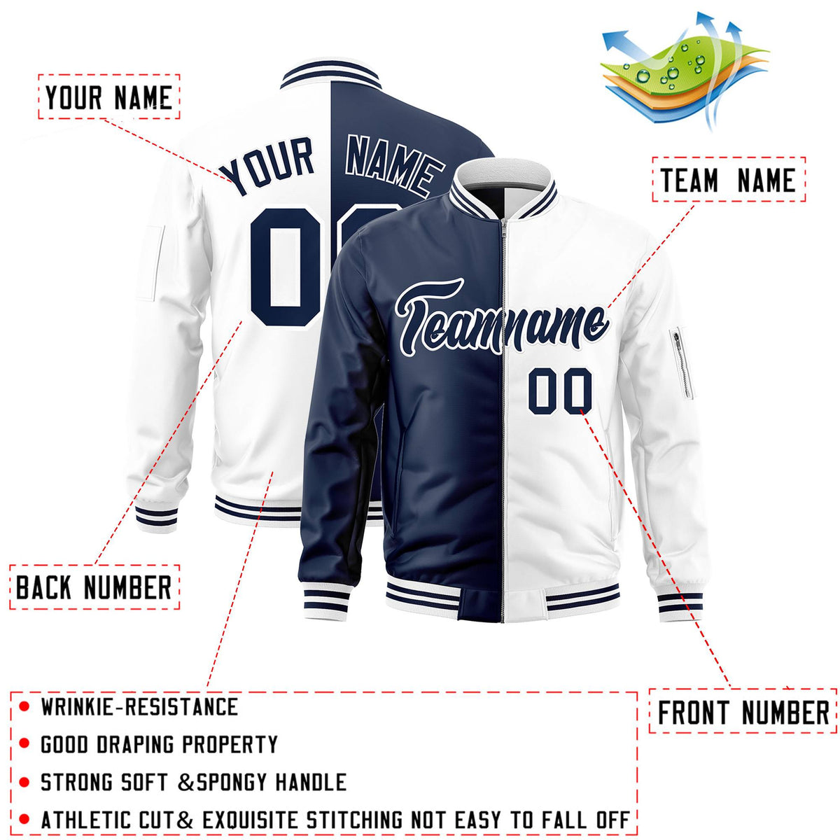 Custom Navy White Split Varsity Full-Zip Two Tone Letterman Bomber Jacket