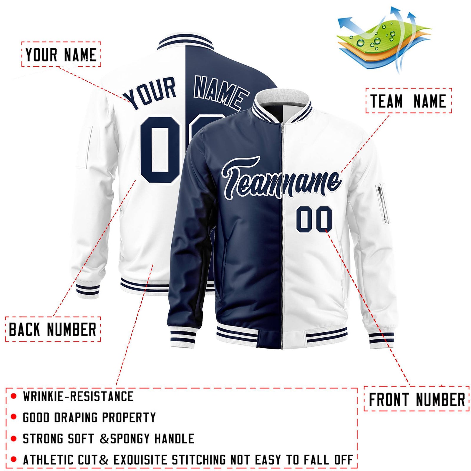 Custom Navy White Split Varsity Full-Zip Two Tone Letterman Bomber Jacket