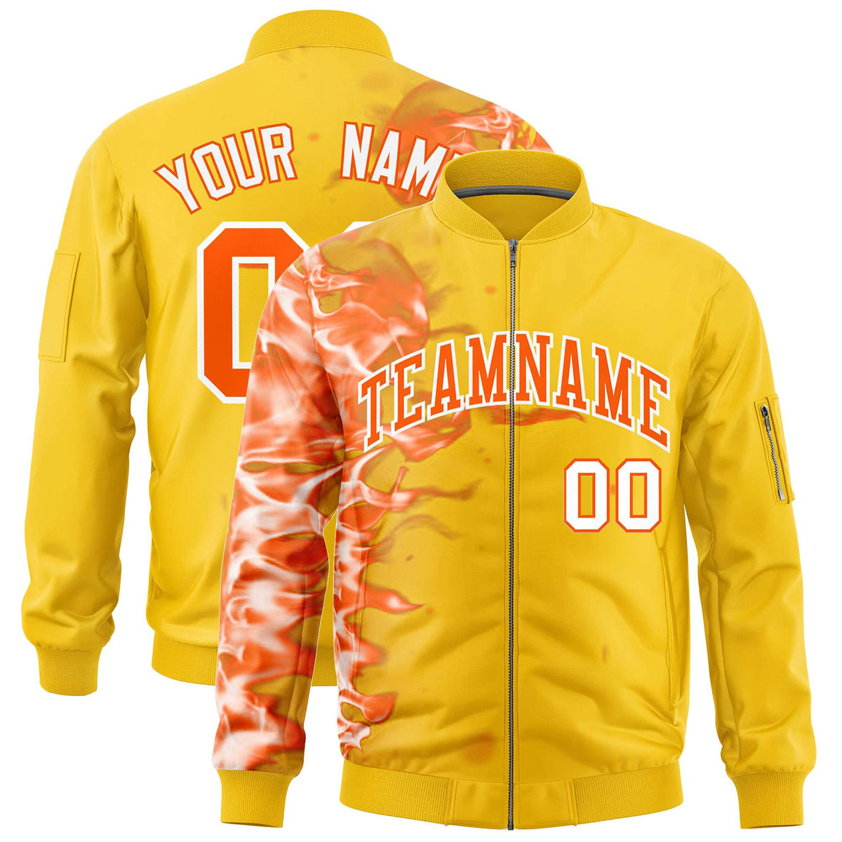 Custom Gold 3D Flame Varsity Full-Zip Letterman Bomber Jacket