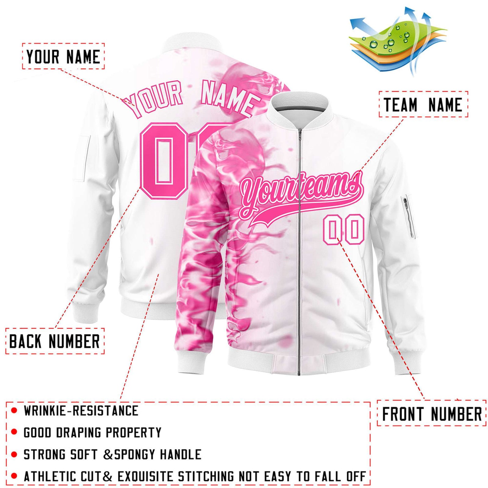Custom White 3D Flame Varsity Full-Zip Letterman Bomber Jacket
